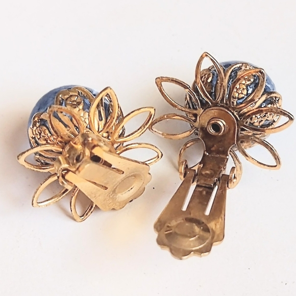 💙 Vintage MCM Crushed Blue Ice Bubble Bead Gold Necklace Earrings Set - Picture 9 of 9